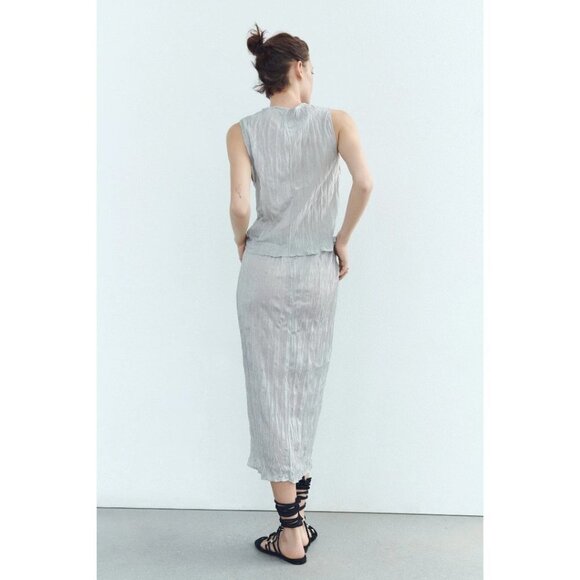 NWT Zara metallic fibre silver wrinkle effect crinkle high waist midi skirt, S - Picture 2 of 15